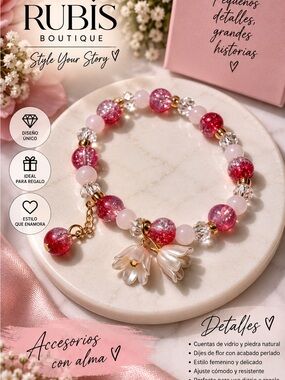 Pink Beaded Flower Charm Bracelet